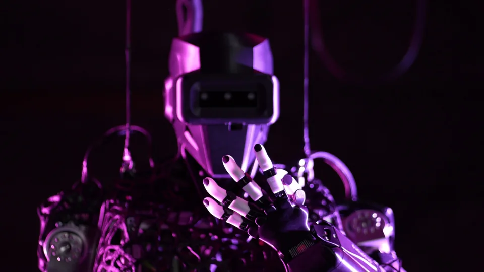 A humanoid robot reaching forward under violet lighting
